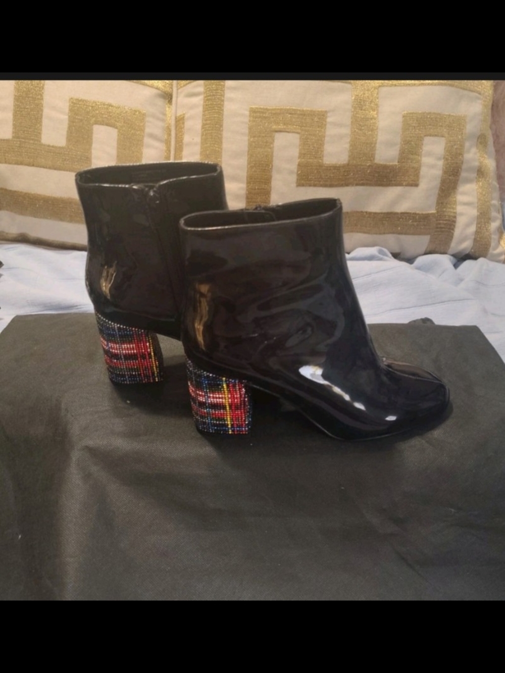Betsy Johnson Black Patent Leather Boots With Colorful Heel Size 8